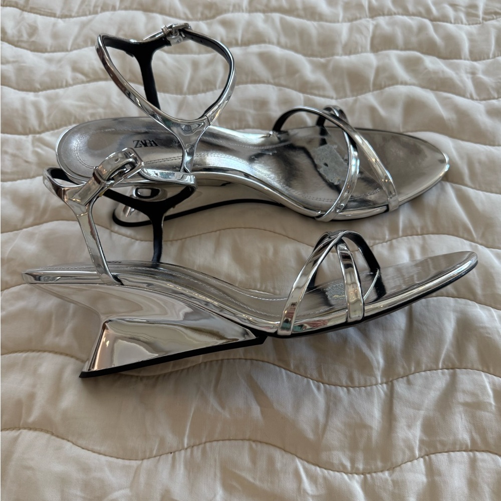 Zara Silver Strappy Wedge Heels